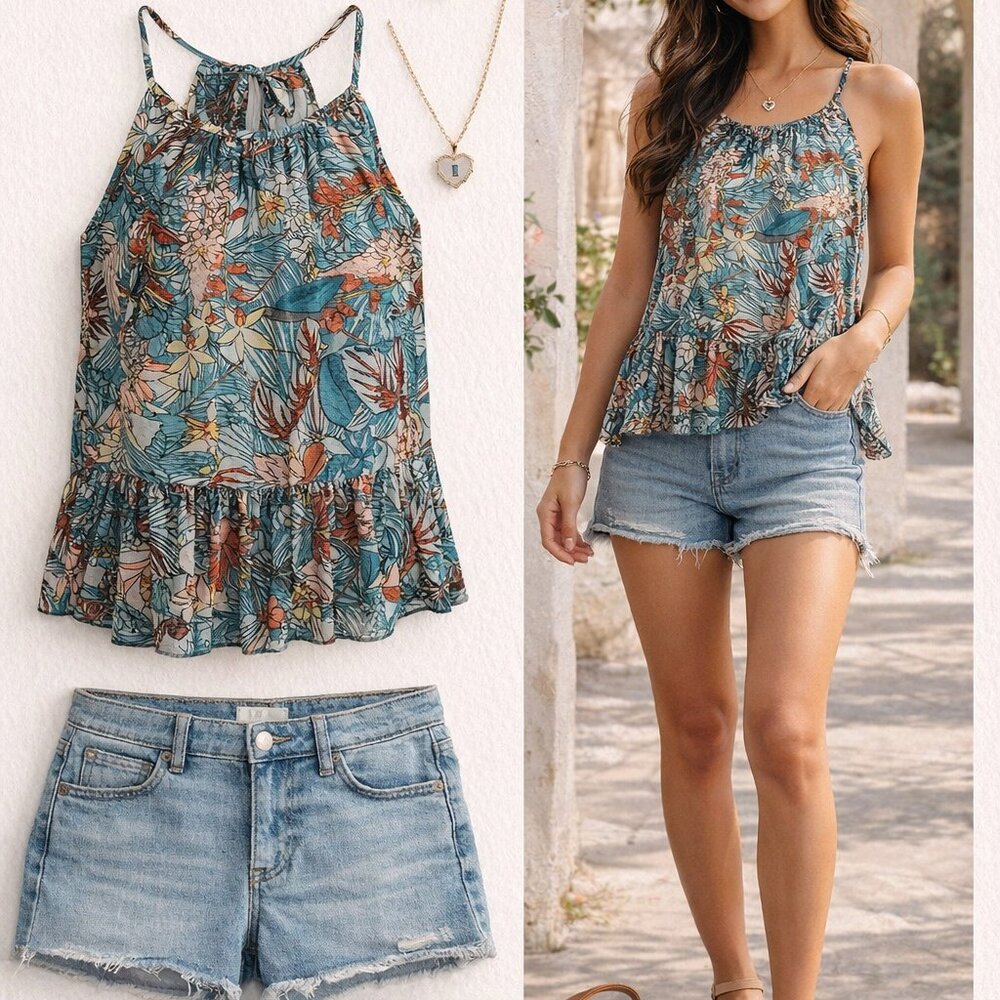 💛 Tyche Tropical Floral Peplum Tank Top Size M Blue Multicolor